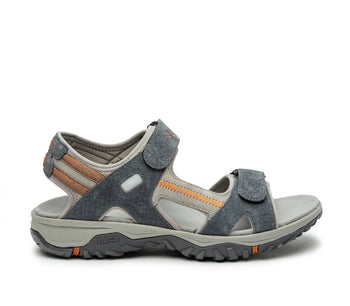 Outside profile details on the KURU Footwear TREAD Men's Sandals in SlateGray-BurntOrange