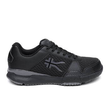 Outside profile details on the KURU Footwear QUANTUM Men's Fitness Sneaker in JetBlack-Charcoal